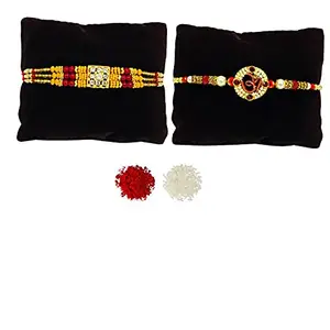 Evisha 2 Pcs Red Yellow Beads Om Box Packing Bracelet Rakhi For Brother | Rakhi Combo-BR-1-2 | rakhi || rakhi set || rakhi for brother