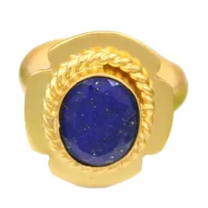 KHN Fashion Design Natural Lapis Lazuli Spiral Wire Wrap Yellow Gold Plated Adjustable Rings For Her