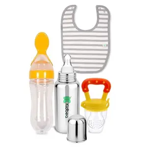 Kidbea Stainless Steel Infant Baby Feeding Bottle, Grey Strip Bibs, Yellow Silicone Food and Fruit Feeder BPA Free Combo of 4