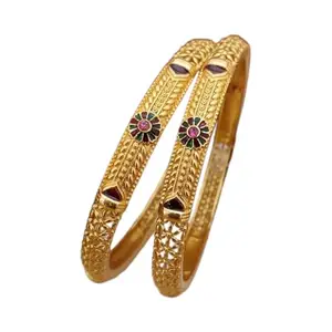 Gold Brass Princess Chunky Bracelet/Bangles for Women | Non-Adjustable | Artificial Stones | Size 2.10 | 2 Pcs | y7be4_B&Bangles_769_2.10