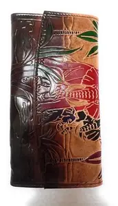 Handcrafted Leather Wallet, Floral Design with Lobster Pattern, Brown Multi-Colour, Long Purse with Zip Compartment