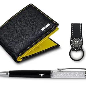 URBAN FOREST Keith Black/Yellow Leather Wallet + Keyring + Pen Combo Gift Set for Men
