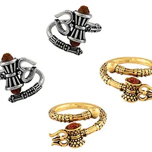 Uniqon (Set Of 4) Men's And Women's Adjustable Stylish Trending Rudraksha Oxidized Mahakal Shiva Trishul Damroo Designer Bahubali Cuff Finger Ring (Free Size)