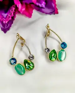 Crystal Drop Jewellery Set with Blue, Green and White Stones, Gold-Plated Chain Necklace and Matching Earrings