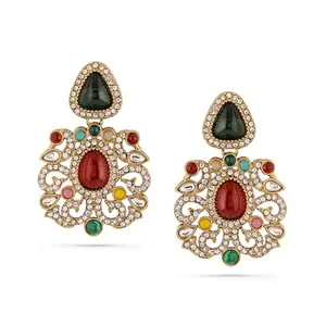 Rubans 18K Gold-Plated Multicolor Zirconia Gemstone Studded Chandelier Earrings for Women & Girls – Festive & Statement Looks