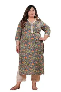 LABULY Women Pure Cotton Plus Size Kurti with Lace & Kantha Work | Discharge Print Straight Kurta | V Neck Ethnic Kurti 47 Inch Length