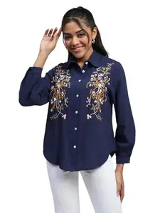 Global Republic Cotton Thread Embroidered Collar Neck Full Sleeve Shirt for Women (6464, Navy, 3XL)
