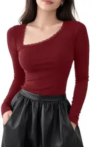 TIVANTE Solid V Neck Asymmetric Lace Full Sleeve Top for Women | Ribbed Tops for Woman | lace Tops for Women