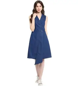 INDA FASHION Women's Denim Solid Collar Neck Sleeveless Dress (Blue, L)-PID61527