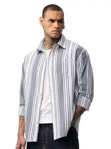 The Souled Store: Sapphire Men and Boys Long Sleeve Spread Collar Blue and White Striped Cotton Lightweight Easy to Style Everyday Office Wear Relaxed Shirt