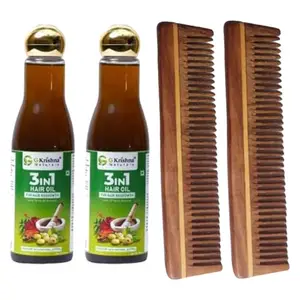G Krishna Naturals Combo Pack of Hair Brushes Wooden Neem Comb & 3 in1 Hair Oil for Women & Men (Pack of 2 Each)(GKNPC2-06)