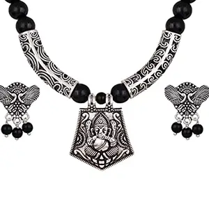 JFL - Jewellery for Less Oxidise Silver Plated Ganesha Pendant Onyx Beads Necklace and One pair of Earring for Women & Girls(Black),Valentine