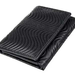 SHDESIGN Wave Genuine Leather Upper Designed Tri Fold Wallet for Men Women Black