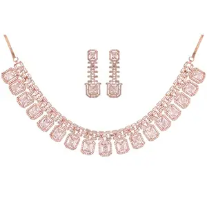 RATNAVALI JEWELS American Diamond Necklace set Rose Gold Plated Traditional stylish wedding Western White AD Jewellery Set with Dangler Earring for Women/Girls