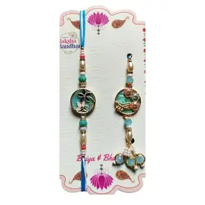 Decorative Lumba Rakhi Set for Bhaiya Bhabhi, Pearl and Turquoise Beads with Floral Design, Traditional