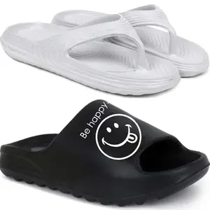 Pampy Angel Combo Pack of 2 Slipper/Flip Flops/Slides/Clogs/Sandals with Adjustable Back Strap for Men,(V-Evafeet-Grey,Y-Smily-Black),8 (UK/India)