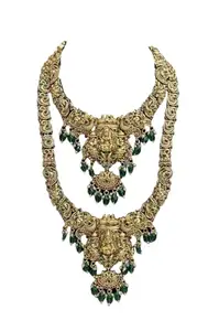 KGR Splash Heavy Work Lakshmi & Peacock Work Design Necklace & Haram With Earrings Victoria Green Beads Hangings Bridal Set