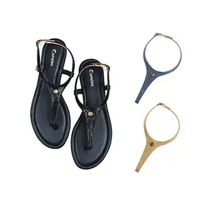 Cameleo -changes with You! Women's Plural T-Strap Slingback Flat Sandals | 3-in-1 Interchangeable Strap Set | Black-Leather-Dark-Blue-Olive-Green