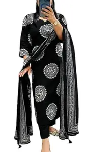 Veqreqmeq Women's Cotton Trending Straight Printed Kurta with Pants and Dupatta Set | Ethnic Set (Black)