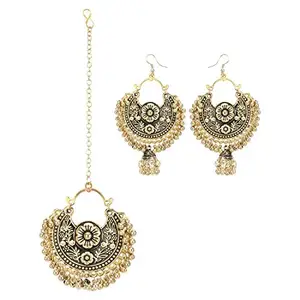 Shashwani Women's Gold Oxidized Earrings and Maang Tikka-Black-PID27134