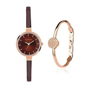 Giordano Women's Bangle Style Metal Strap, With Addiotional Metal Bracelet Analog Watch Model GD4052-33, Dial Color-Brown, Brown Band
