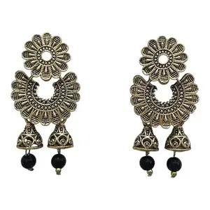 Antique Golden Floral Chandbali Earrings with Black Beads, Traditional Indian Jhumka Style