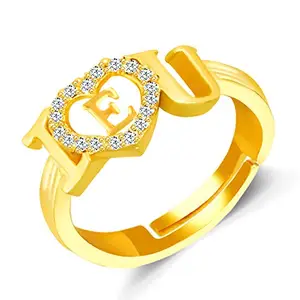 MEENAZ E Rings for Women Girls Couple girlfriend Wife lovers Valentine Gift name propose CZ AD American diamond Adjustable Gold I Love You Heart Initial Letter Name Alphabet E finger Ring Stylish 779