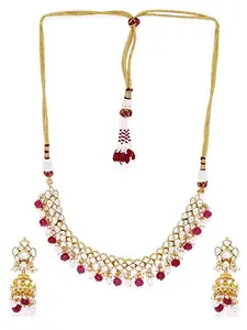 ACCESSHER Gold Plated Traditional Kundan Embellished with Reed Beads Studded Choker Necklace Set with Stud Earrings and Adjustable Dori for Women and Girls