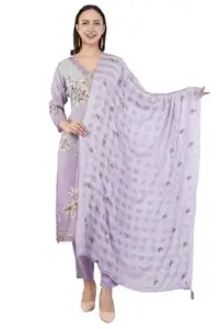 JIDI FASHION Floral Embroidered Pyjama Suit with Dupatta, 3-Piece Traditional Indian Dress Set (IN, Alpha, M, Regular, Lavender)