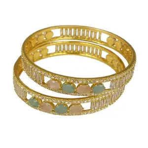 AK JEWELLERY Gold Plated Designer Bangles with Green & Peach Stones | Ethnic Kada Jewelry with CZ Diamonds for Wedding & Party