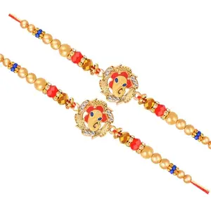 De Marquis Religious Pearl Kundan Rakhi Set, Chawal Roli Pack, Greeting Card Set (2 Rakhi Set)