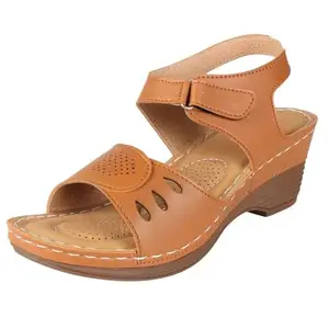 XE Looks Women's Tan Orthopedic Wedge Sandals | Adjustable Straps for Perfect Fit | Cushioned Footbed with Breathable Cut-Out Design | Durable Wedge Heel For Girls & Women