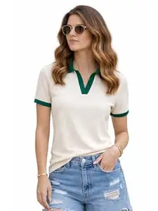 JUNEBERRY® Women’s Regular Fit Lycra Polo T-Shirt with V- Neck Plain Collar Design, Lycra Fabric for All-Day Comfort and Easy Everyday Styling (Sizes S to 2XL)
