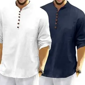 FINIVO FASHION Combo of Men’s Casual Full Sleeve Kurta Style Shirt with Button Placket, Lightweight Breathable Fabric, Regular Fit Ethnic Fusion Wear for Daily & Festive Use Pack of 2