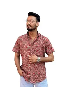 KEERRAZ Cotton Half Sleeve Premium Casual Shirt with Traditional Sanganeri Jaipuri Print for Office wear & Daily Use