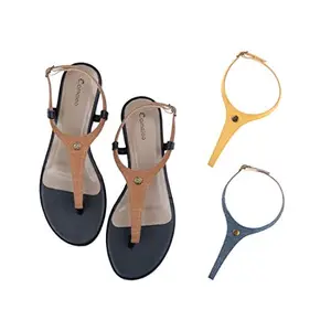 Cameleo -changes with You! Cameleo -changes with You! Women's Plural T-Strap Slingback Flat Sandals | 3-in-1 Interchangeable Strap Set | Brown-Yellow-Dark-Blue