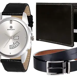 MARKQUES Day and Date Men's Watch, Leather Wallet and Belt 3 in 1 Combo Festival Gift Set for Men and Boys (STV-770901-SPT-01-EXE-01)