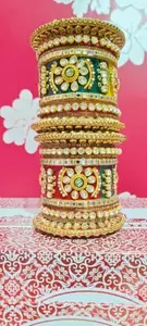 Traditional Indian Bangles Set, Gold-Plated with Crystal Stones, Green Enamel Work, Wedding Collection