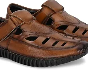 ASTEROID Men's Closed-Toe Fisherman Style Sandals with Hook and Loop Strap Breathable Cut Out Design and Anti-Slip Flexible Sole (Tan-9)