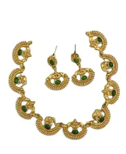 Pamadhya Traditional Gold Plated Necklace Jewellery Set with Earrings for Women (Ardhchandra-Green_803)