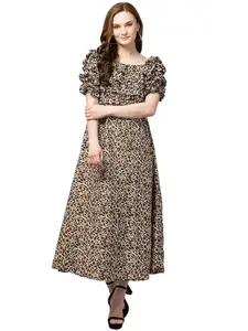 LOOKSTYL Women’s A-Line Tiger Print Dress | Stylish Crepe Square Neck Dress | Short Sleeve A-Line Dresses for Women (M, Tiger Print-Brown)