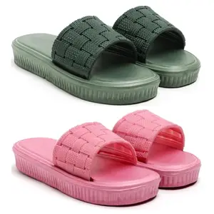 Skytrap Stylish Comroftable Trending Light Weight Extra Soft Green, Pink Rubber Slides Slippers Flipflop for Women & Girls Combo of 2