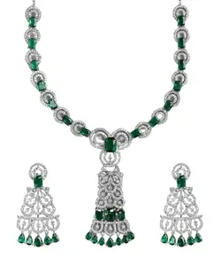 Mansiyaorange Rhodium Green Doublet AD American Diamond CZ Cubic Zerconia Gemstone-Studded Choker Necklace Jewelry Set
