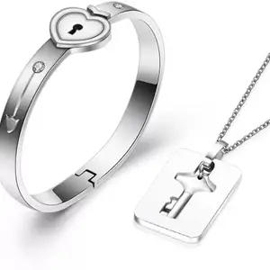 Lila Stainless Steel Lock & Key Bracelet & Chain Pendant (Model : 008) White Grey | Couple Set | Gifting Option