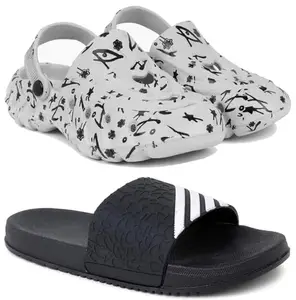 Pampy Angel Combo Pack of 2 Slipper/Flip Flops/Slides/Clogs/Sandals with Adjustable Back Strap for Men,(Cl-N11-Grey,Shimla-Black),9 (UK/India)