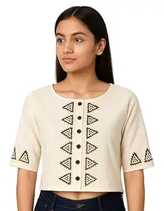 Khadi Cotton Crop Top with Boho Print, Short Sleeve, Button Front, White Cream Colour, Casual Wear