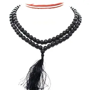 Parth Beads Natural Black Lava Gemstone Smooth Round 108 Beads Japa Mala Madetation Prayer Tassel Necklace