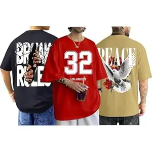 ENCIGER Men's Oversized Cotton T-Shirt Pack | Drop Shoulder Graphic Printed Casual Streetwear Combo | Baggy Hip-Hop Tshirts