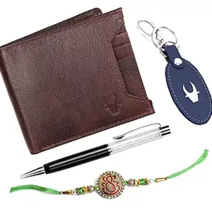 WildHorn Rakhi Gift Hamper for Brother - Classic Men's Combo/Gift Set of Leather Wallet, Keyring, Pen and Rakhi for Brother/Bhaiya. (Brown C)