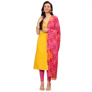 Meena Bazaar Women's Yellow-Rani Chanderi Embroidery Unstitched Salwar Suit Dress Material With Chanderi Dupatta - (SS24-G-14-EX-998B-CHD-SPC)